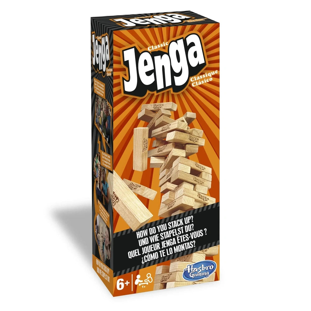 HASBRO Jenga Family Game packaging features an orange gradient, large white "Jenga" text, and details for players and age.