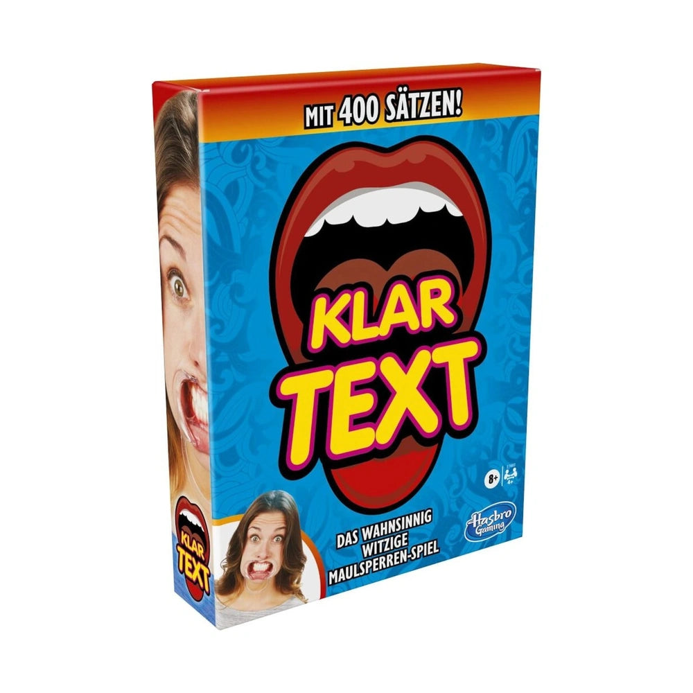 Hasbro Klartex Board Game German Edition packaging features a woman's open mouth, vibrant orange and blue design, and bold ye