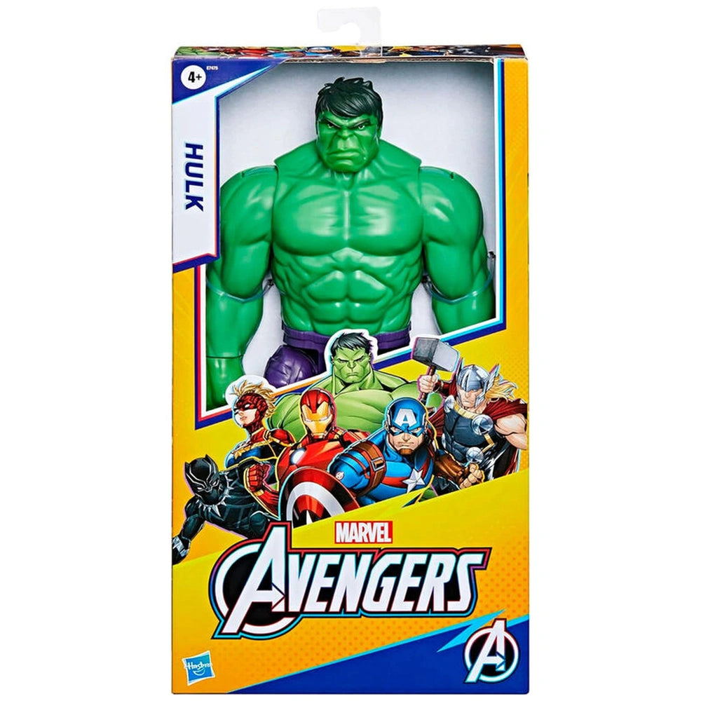 Marvel Avengers Titan Hero Hulk Deluxe action figure set in yellow cardboard packaging with visible Hulk, Iron Man, Thor, and