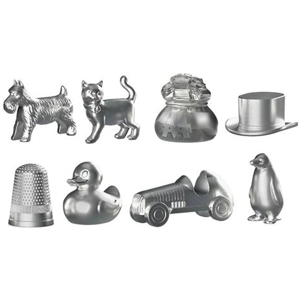 Monopoly Classic Italian Edition board game featuring silver dog, cat, car, top hat, and pepper grinder figurines.