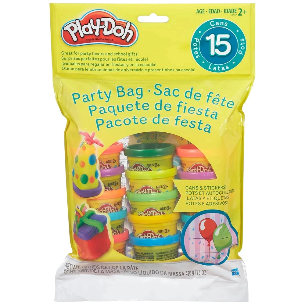 Play-Doh 15 Cans Party Bag packaging features glossy yellow design with colorful printed text and a transparent window.