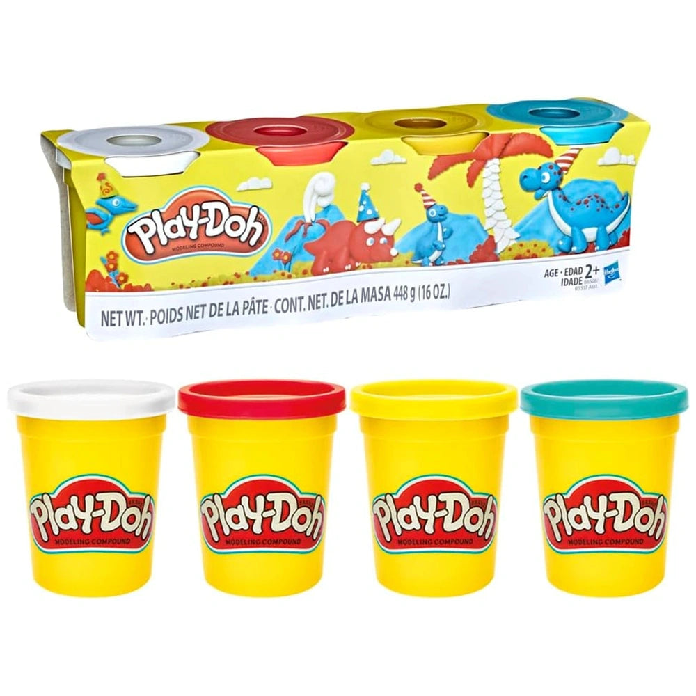 Play-Doh 4 Cans Pack features four colorful containers with glossy and matte finishes on cardboard packaging.
