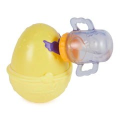 Hatchimals Alive blind box toy features a yellow egg-shaped body with a glossy purple top and a small purple handle.