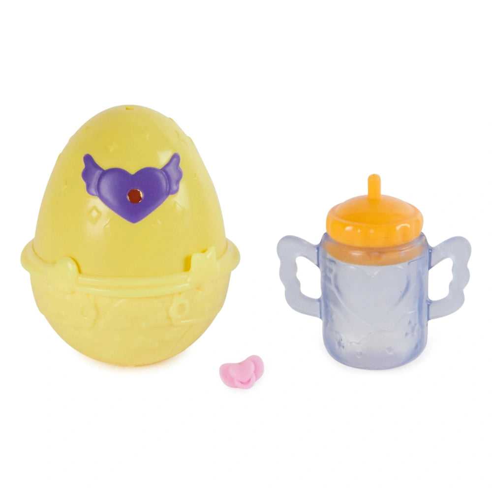 Hatchimals Alive mini figures in yellow with purple heart and blue with yellow lid, placed side by side on a white background