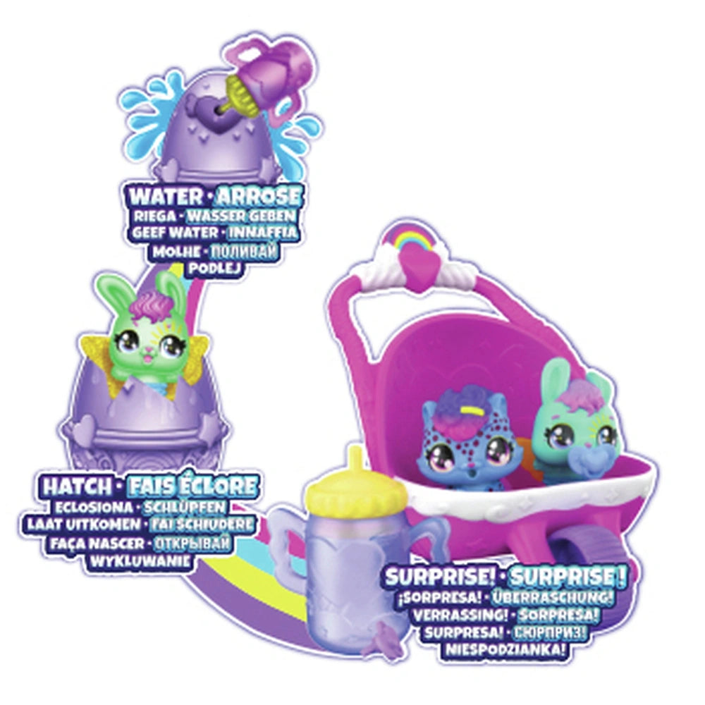 Hatchimals Alive Hatch N’ Stroll Playset features vibrant toys including a pink tub, purple water spout, and two mini figures