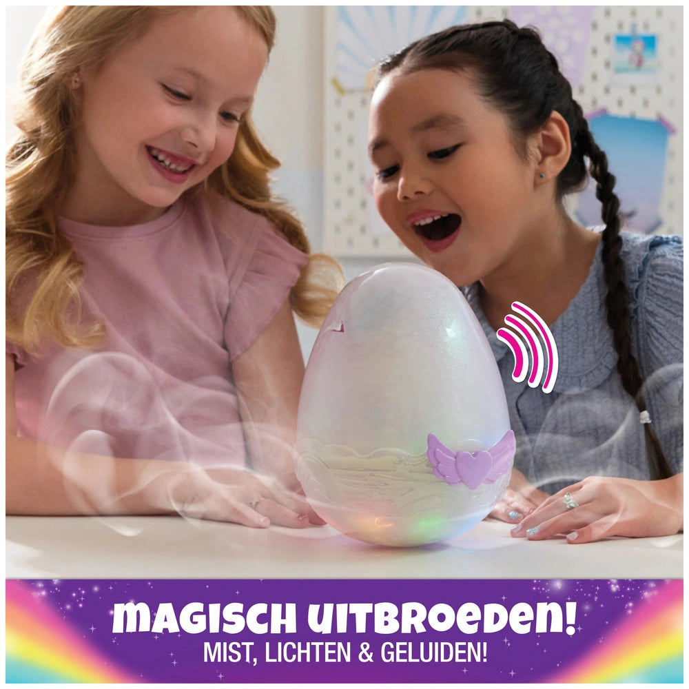 Hatchimals Alive Mystery Hatch Pufficorn interactive plush captivates two smiling girls with its colorful design and engaging