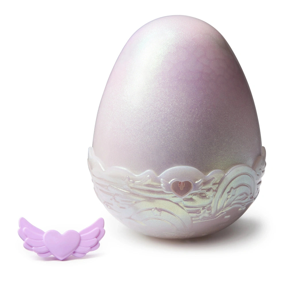 Hatchimals Alive Mystery Hatch Pufficorn is a glossy, light purple egg-shaped plush with a heart detail, set against a plain 