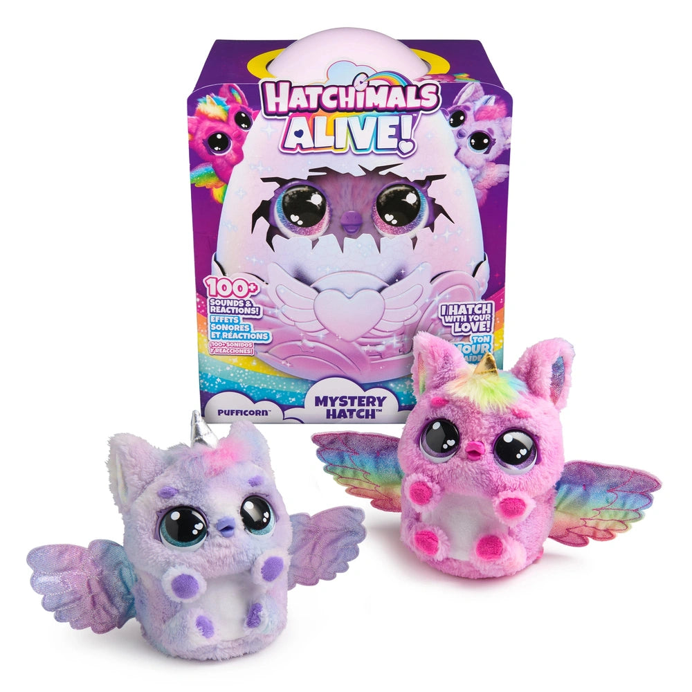 Hatchimals Alive Mystery Hatch Pufficorn is a plush toy with big eyes, wings, and colorful packaging featuring interactive el