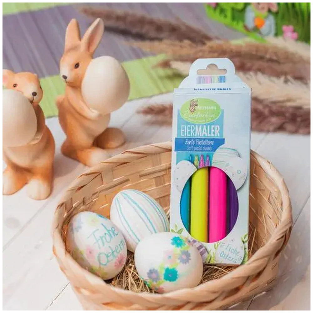 HEITMANN KREATIV Eiermaler features a basket of eggs with pink, blue, green, yellow markers on matte cardboard packaging.