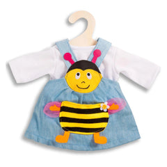 Heless Bee Dress 2-Piece features blue, yellow, black, and white fabrics on a wooden hanger for dolls 28-35 cm.