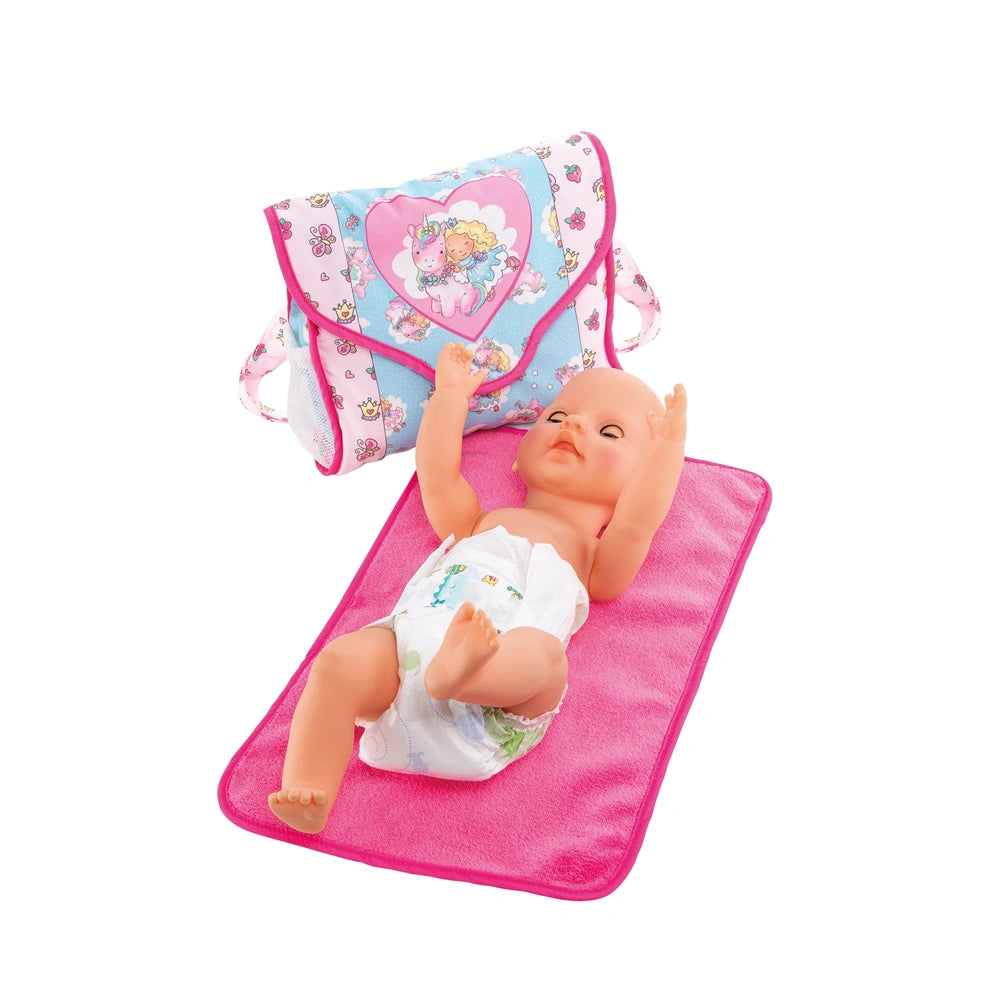 Heless changing bag features a plastic doll with a cloth diaper on a textured pink mat against a white background.
