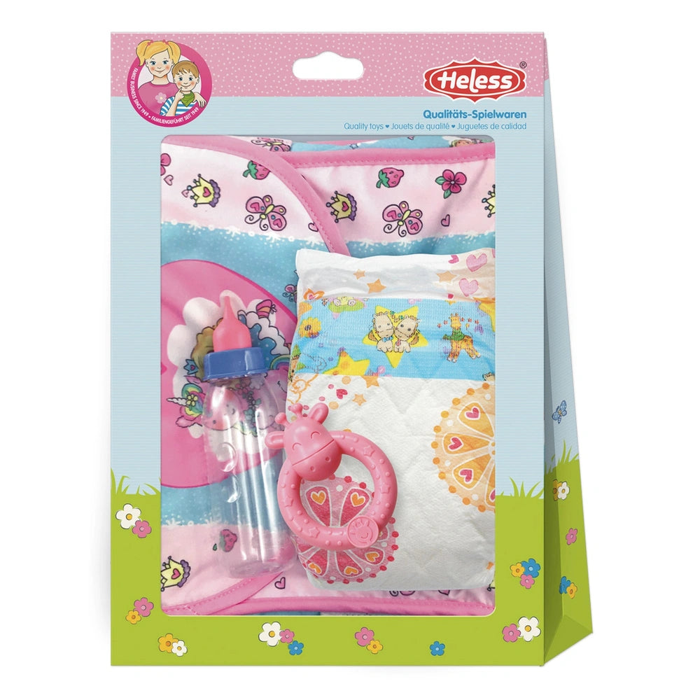 Heless changing bag features a pink elephant toy, white patterned diaper, and colorful floral packaging with clear window.