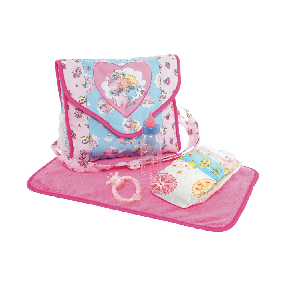 Heless unicorn changing bag in pink with floral pattern, heart design, and clear plastic windows, includes accessories for do
