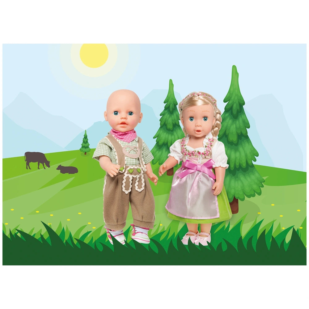 Heless Dirndl Heidi dolls feature blue eyes, fabric outfits, and accessories against a painted grass backdrop with a cow and 
