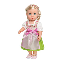 Heless Dirndl Heidi doll features a glossy white dress with a pink apron, green trim, and blonde hair with blue eyes.