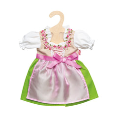 Heless Dirndl Heidi doll dress features a pink bodice, white collar, lace trim, and green skirt with a pink bow at the waist.