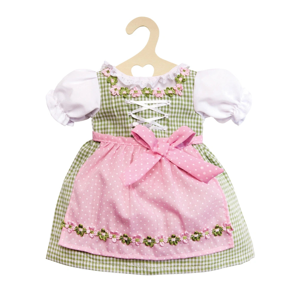 Heless Dirndl for dolls features a pink skirt, green and white checkered dress, white lace trim, and a pink ribbon bow.