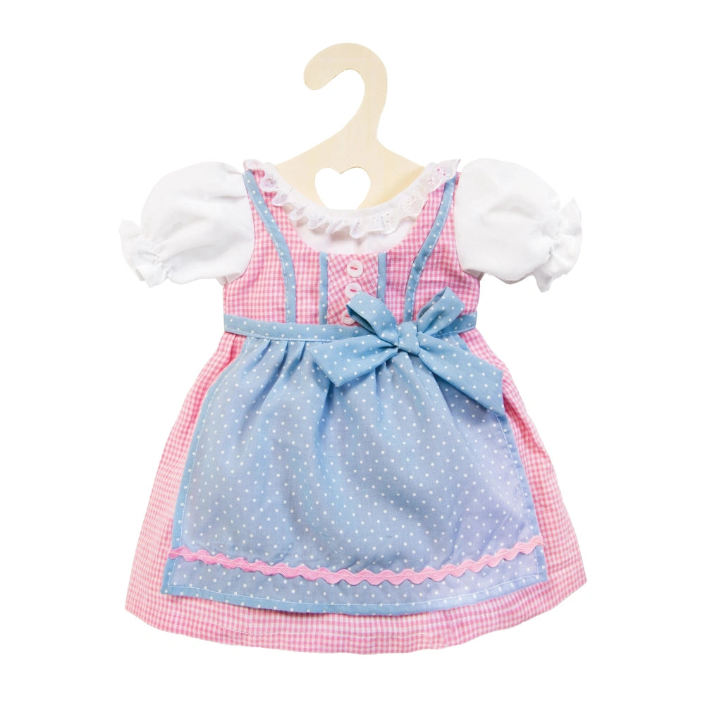 Heless Dirndl for dolls features a blue dress with pink trim, short sleeves, collar, bow at waist, and lightweight fabric.