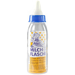 Heless doll bottle with teat, translucent material, blue cap, yellow label with blue and white text, centered front view.