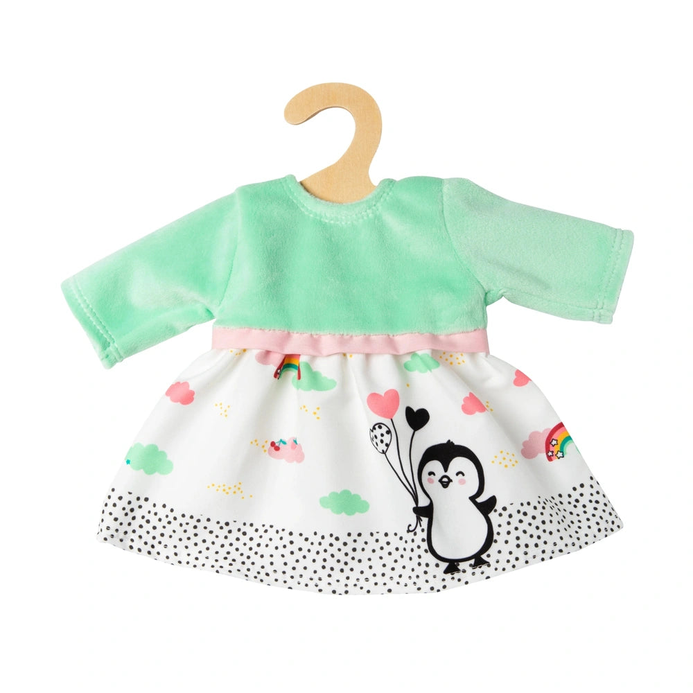 Heless Dress Penguin Dotty for dolls, featuring a green fabric dress with pink trim and a black and white penguin graphic.