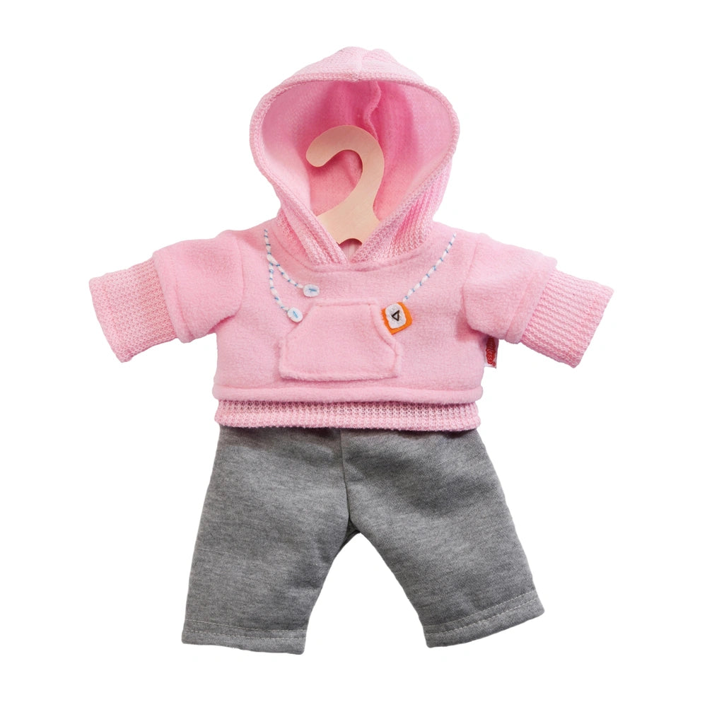 Heless pink jogging suit for dolls features a fuzzy hoodie with zipper, pocket, and gray pants with elastic waistband and poc