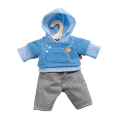Heless jogging suit for dolls featuring a blue hoodie, gray pants, and a white plastic hook inside the hoodie.