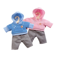 Heless jogging suit for dolls, featuring a blue hoodie with a zipper and gray pants, both with red and white logo tags.