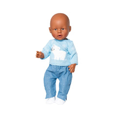 Heless polar bear doll with bald head, smiling face, light blue shirt, dark blue jeans, and white shoes, size 35-45 cm.