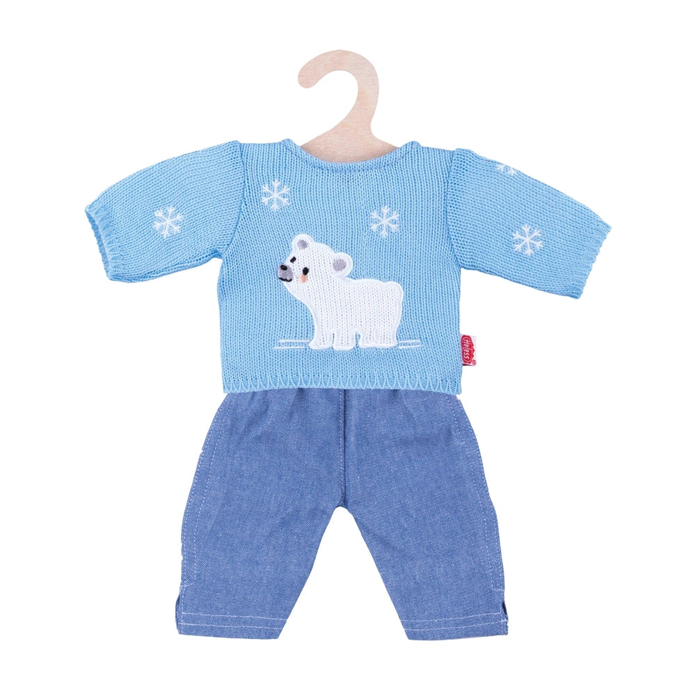 Heless pullover features a blue knit sweater with white snowflakes and denim-like pants for dolls sized 35-45 cm.