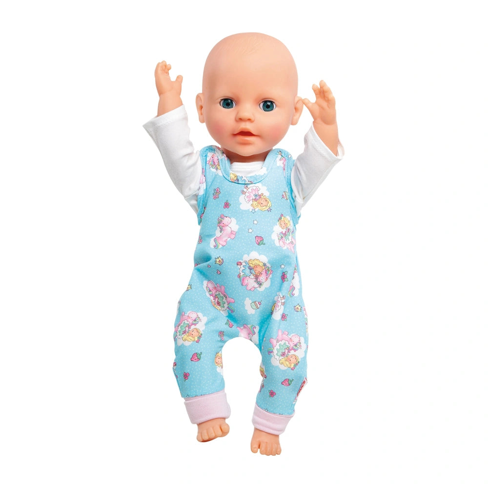 Heless Romper Unicorn Emil doll features a smiling face, blonde hair, and a blue floral jumpsuit with raised arms.