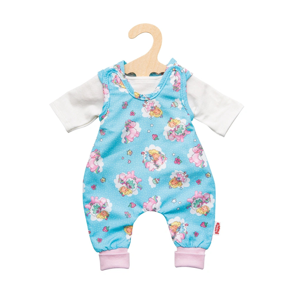 Heless romper for dolls features blue floral fabric, white sleeves, pink elastic ankles, and includes a wooden hanger.