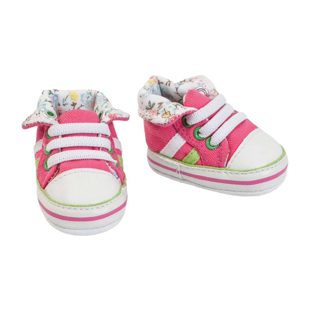 Pink Heless sneakers for dolls feature a floral-patterned upper, white sole, and laces with green accents.