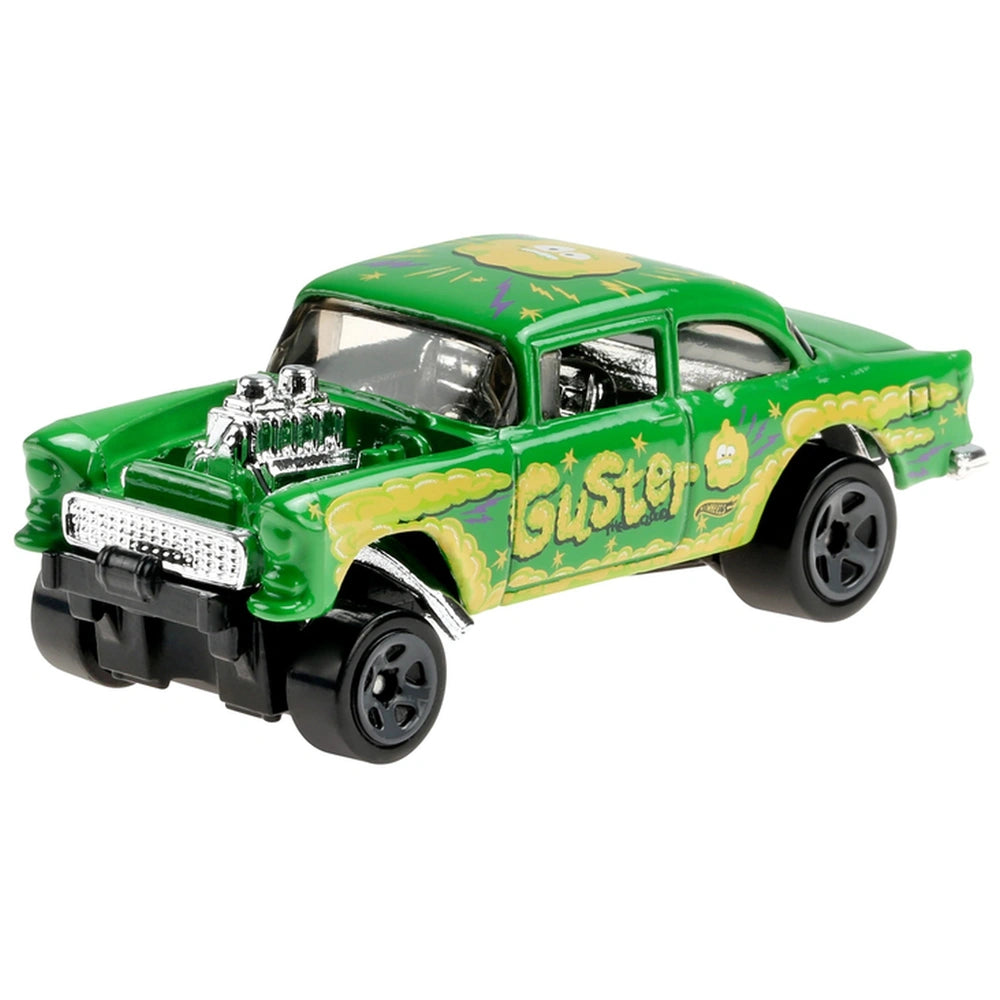 Green die-cast Hot Wheels racing car with yellow accents, glossy finish, transparent windows, and black wheels.
