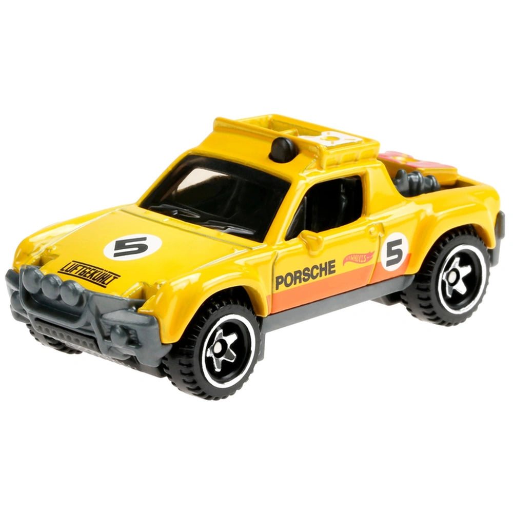 Hot Wheels HW Racing Track features a yellow die-cast car with number "5", black and white wheels, and Porsche logo.