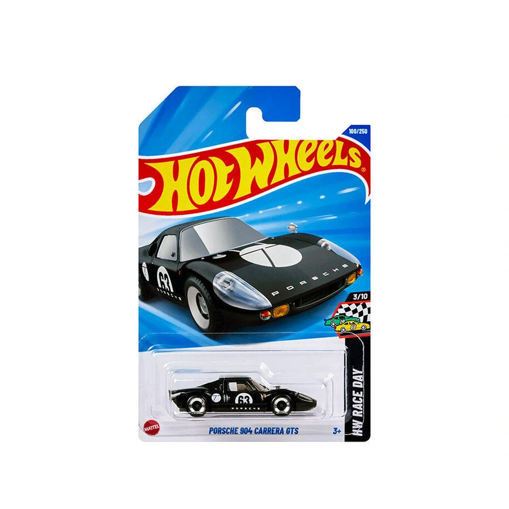 Hot Wheels HW Racing Track single vehicle pack features a black die-cast Porsche with red and white details in glossy blue pa