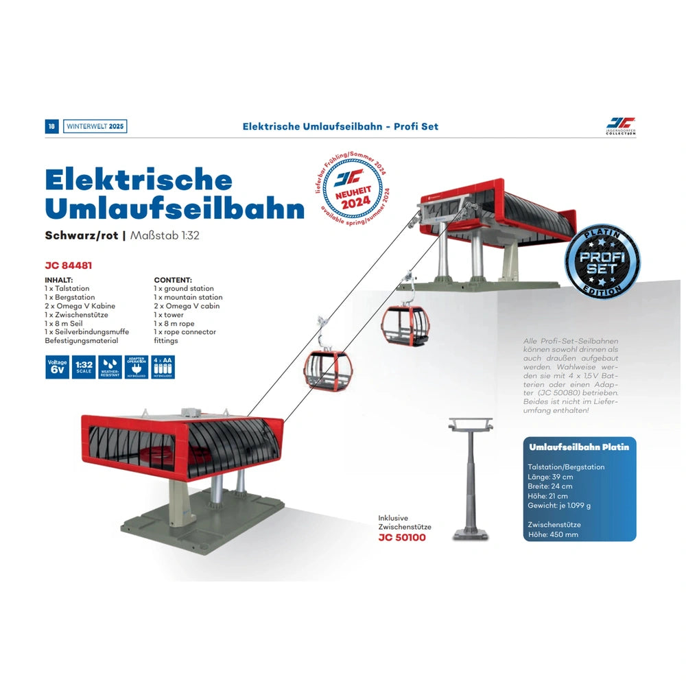 JAGERNDORFER D-Line Profiset ski lift model in red and gray metallic finish, displayed on a glossy white brochure with blue a