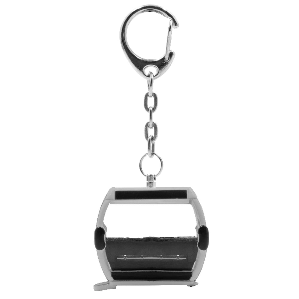 Jagerndorfer Omega IV Silver Gondola keychain features a shiny silver metal ring and a cylindrical black handle with a chain.