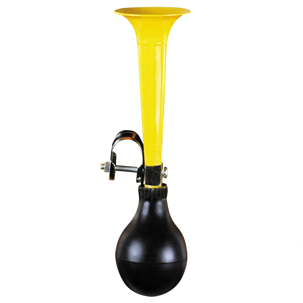 Bicycle horn made of yellow plastic tube, black plastic base, and metal clamp for outdoor play equipment.