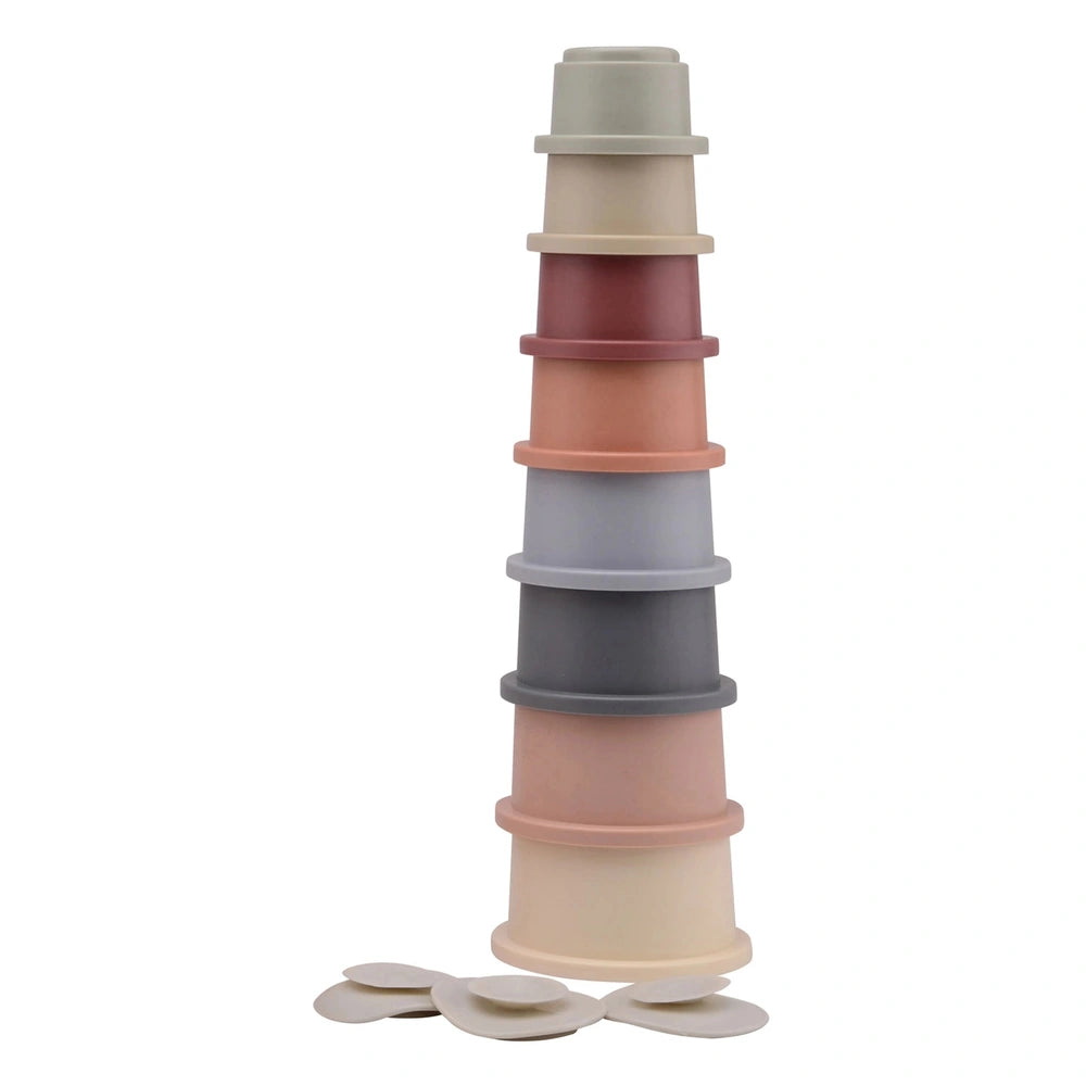 Bio Plastic Stackable Bucket and Bath Cups in gray, pink, beige, peach, and brown, with matching lids, stacked vertically.