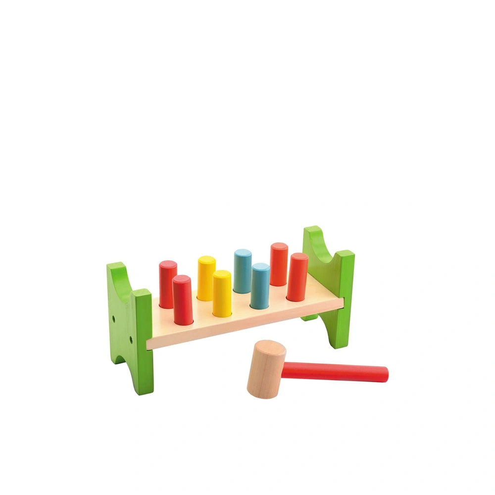 Johntoy Pound A Peg Set features a wooden pegboard with colorful plastic pegs and a mallet for baby activity play.
