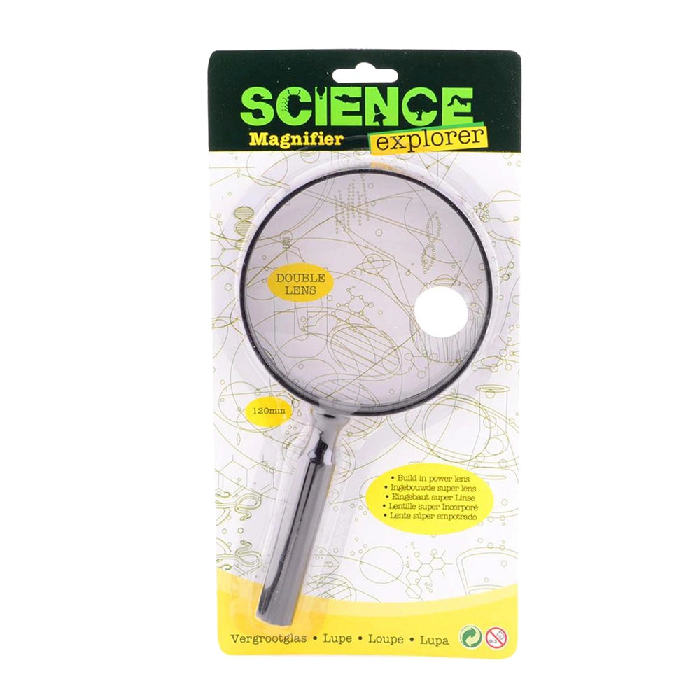 Johntoy Science Explorer Magnifying Glass in silver metal, displayed in matte cardboard packaging with green and yellow accen