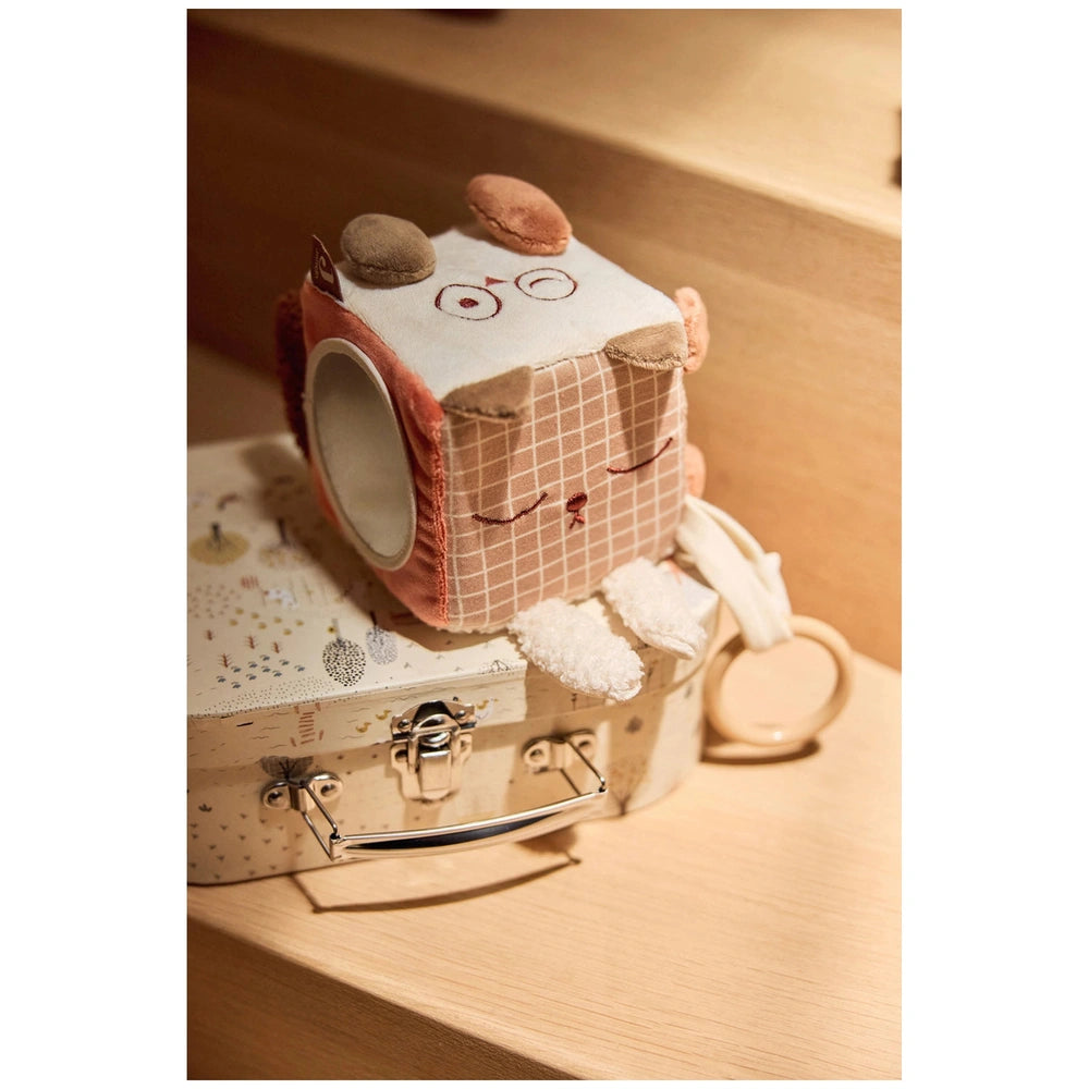Jollein Activity Cube Animal Friends features colorful animal faces with eyes, ears, and mouths on a light wood table.