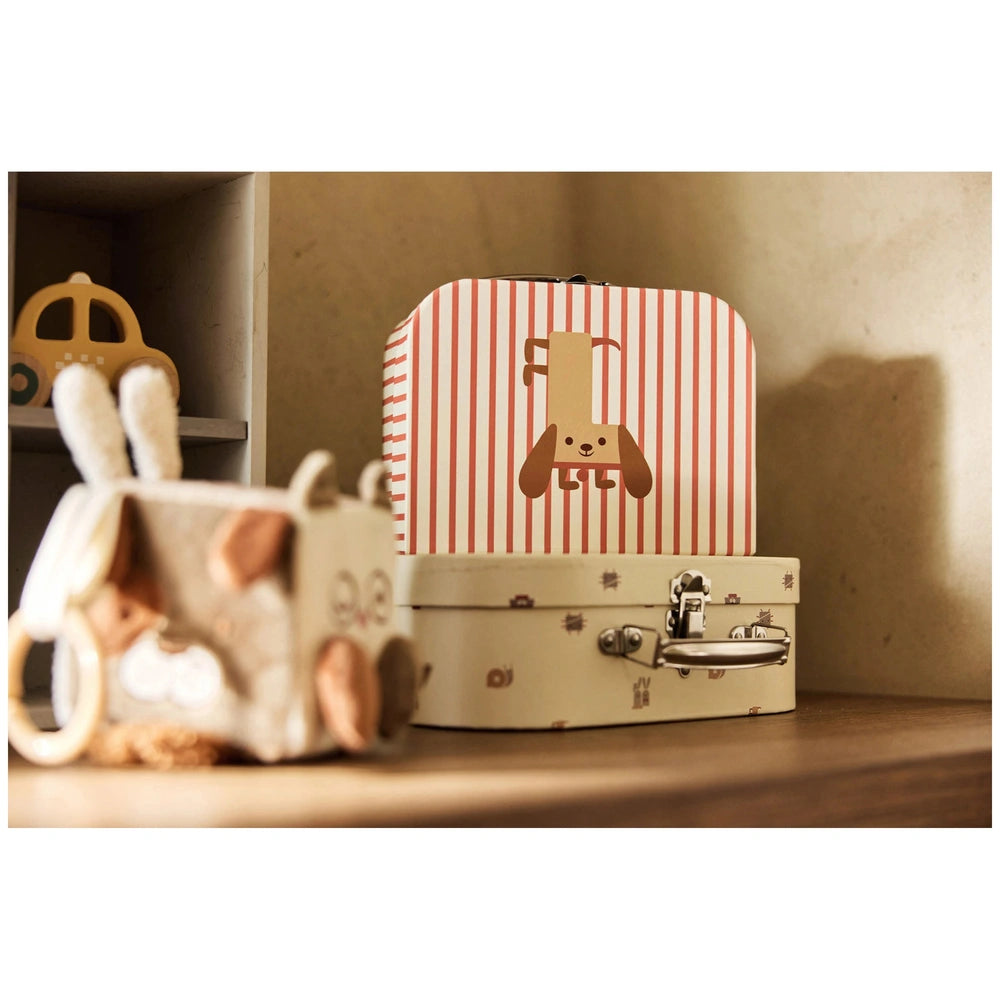 Jollein Activity Cube Animal Friends packaging features a red and white striped box with a glossy lid and brown dog illustrat