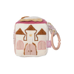 Jollein Activity Cube Flower Fairies features a pink and white cup with a pink handle, brown roof, and multiple colorful door