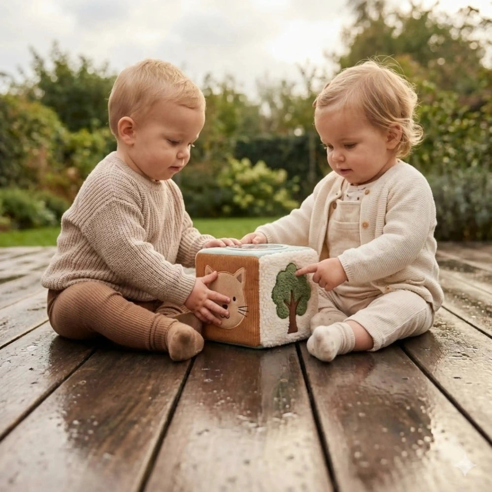 Jollein Activity Cube features two children in knitted clothing engaging with a tree-design cardboard box on a wooden surface