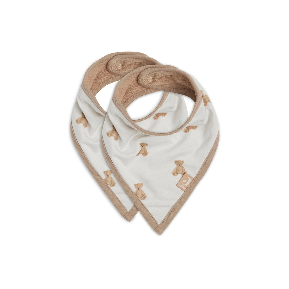 Jollein Bib Bandana Teddy Bear 2 Pack features two white bandanas with teddy bear patterns, perfect for baby activities.
