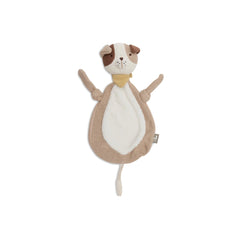 Jollein Pacifier Cloth Mick features a knitted cat plush toy with a white belly, brown ears, paws, and a yellow collar.