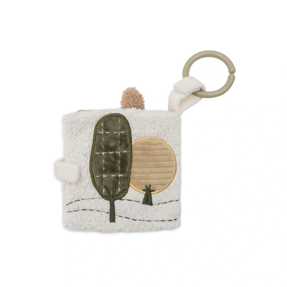 Jollein soft activity book features colorful patterns and textures, designed to engage and stimulate baby's senses.