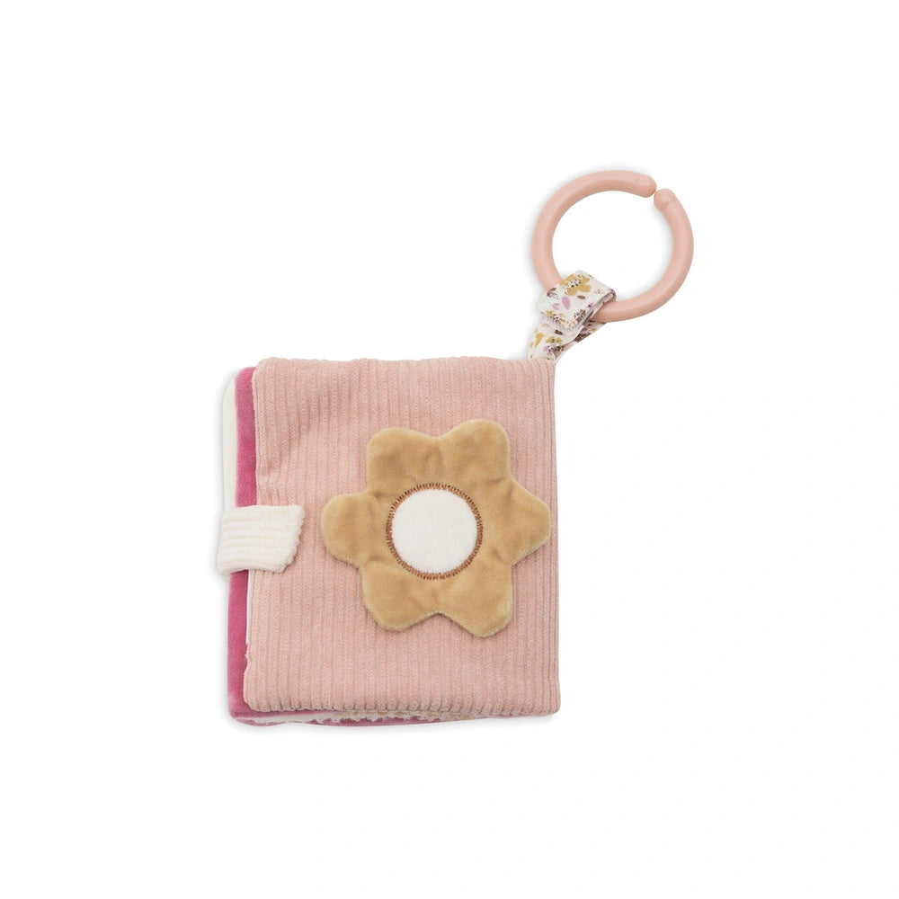 Jollein Soft Activity Book features a pink cover with a brown flower design and white ribbon, ideal for baby playtime.