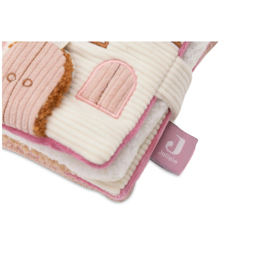 Jollein Soft Activity Book features a textured pink and white design with a central door-like feature and a "Jellien" tag.